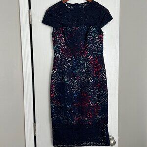 Betsey Johnson dress. Size 2, vibrant multicolored with navy blue overlay